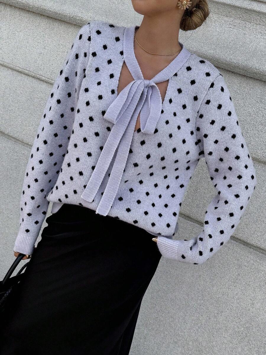 Franclia Damen Polka Dot Jacquard V-Ausschnitt Schleifen Pullover Pullover Herbst Winter Kleidung für Frauen - Violett - Übersicht 1