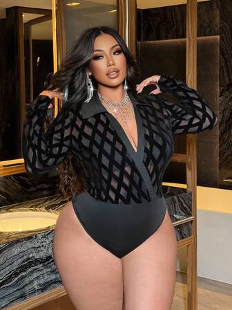 NU&NOW 加大码性感透明网眼拼接高领长袖紧身衣，适合约会、派对