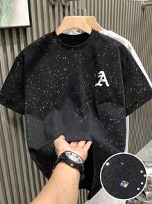 Claim Dot 男士金属箔字母图案圆领休闲短袖 T 恤 - 黑色 - 查看 1