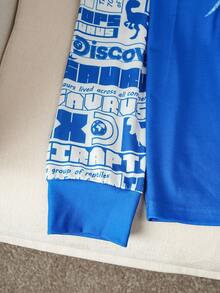 Discovery X SHEIN Men's Dinosaur & Letter Print Long Sleeve Top And Pants Pajama Set, Spring/Autumn, Fall Clothes - Blue and White - View 5