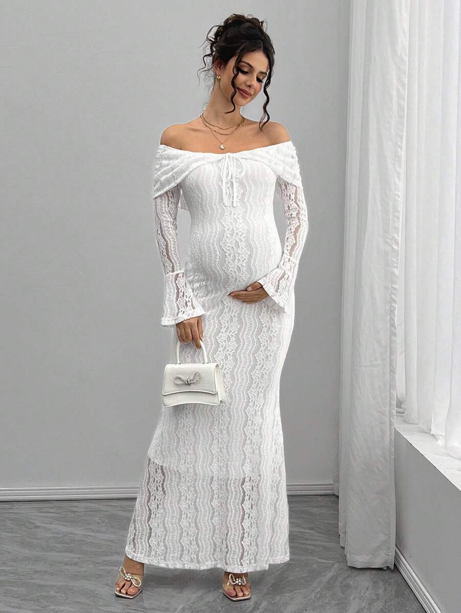 Momance White Lace Off-Shoulder Fitted Midi Maternity Dress