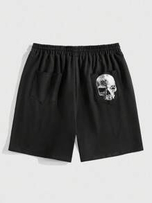 ROMWE MEN Goth Men's Skeleton Print Drawstring Waist Pocket Casual Shorts, Halloween - Black - View 2