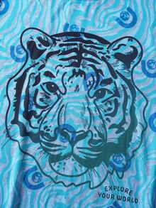 Discovery X SHEIN Men's Casual Street Tiger & Letter Print Loose Fit T-Shirt, Summer - Blue - View 4