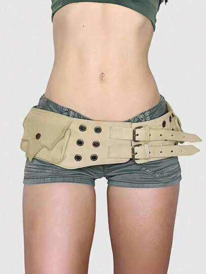 Grunge Punk Y2K Punk Stil schwarze Metall Nieten Ösen Multi-Taschen Hüfttasche mit verstellbarem Metallschnallengurt, Streetwear personalisierter Mode Breiter Gürtel für Frauen