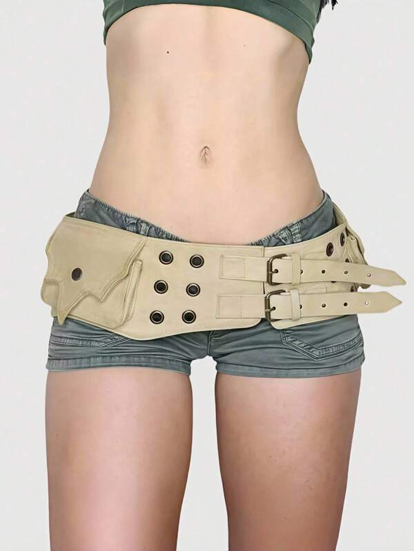 ROMWE Grunge Punk Y2K Punk Style Black Metal Rivet Grommet Multi-Pocket Adjustable Metal Buckle Fanny Pack, Streetwear Personalized Fashion Wide Belt For Women