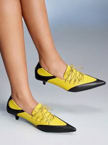 CUCCOO GRLICON 女士尖头小猫黄色高跟鞋系带黄色高跟鞋，适合机车风、朋克风、芭蕾风、男女通用、返校风、万圣节风、圣诞节风、派对风 - 黃色 - 查看 1