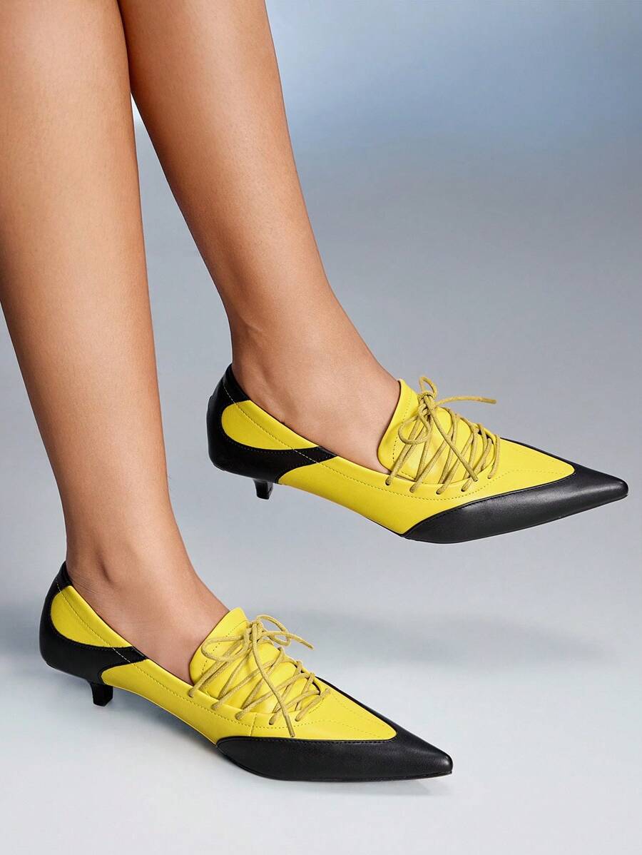 CUCCOO GRLICON 女士尖头小猫黄色高跟鞋系带黄色高跟鞋,适合机车风、朋克风、芭蕾风、男女通用、返校风、万圣节风、圣诞节风、派对风 - 黃色 - 查看 1