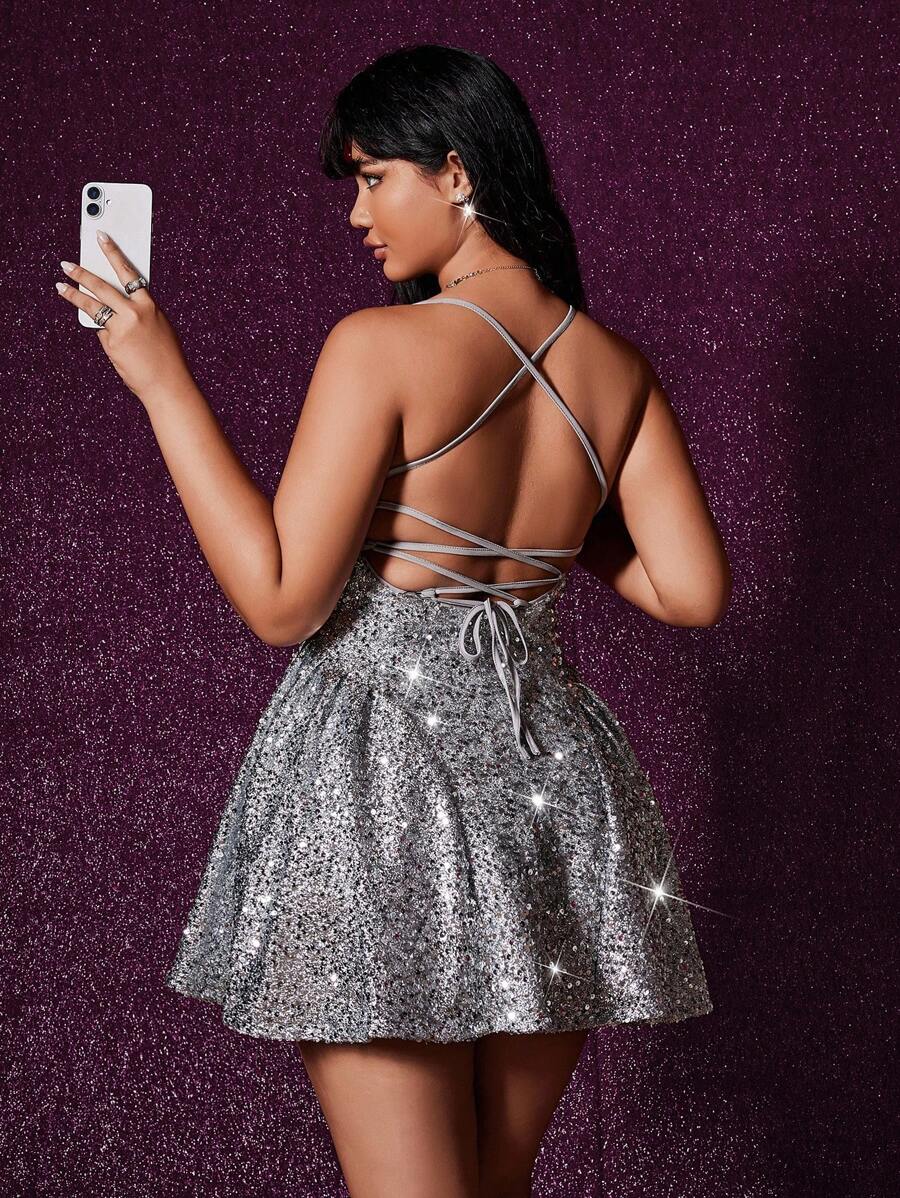 Viva Relle Plus Size Women's Sequin Backless Mini Party DressValentine's Day - Silver - View 1