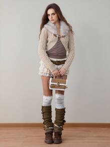 Fairycore Y2K Style Furry Collar Patchwork Inverted Triangle Hem Cropped Cardigan For Women - Khaki - View 6