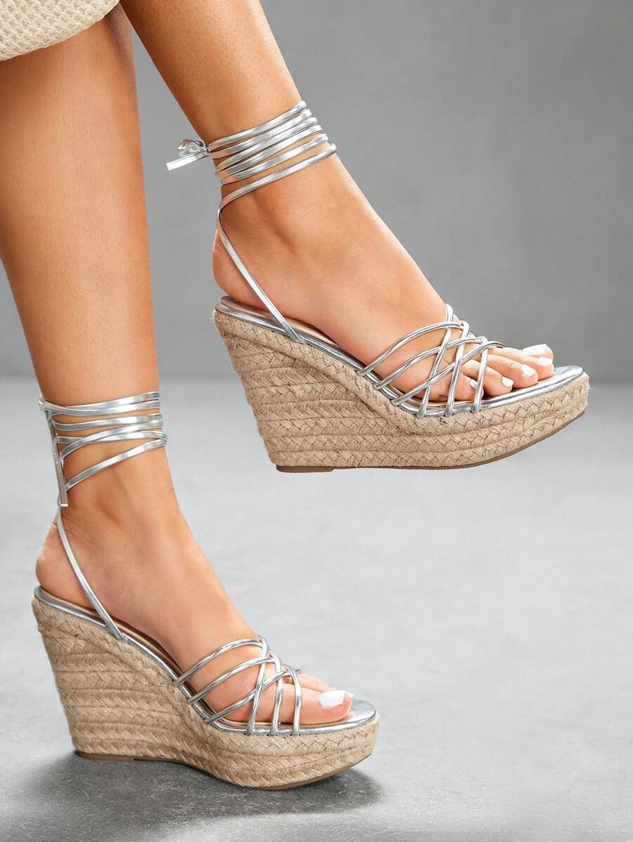 CUCCOO SZL Giày sandal đế xuồng phối dây buộc bằng dây đay màu bạc thời trang dành cho nữ, thích hợp để đi làm, hẹn hò, tiệc tùng, ngày lễ, nghỉ dưỡng - Bạc - Xem 1