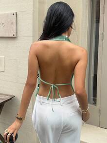 Serisse 夏季新款女式亮片刺绣露背吊带背心 - 綠色 - 查看 2