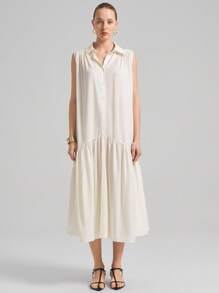 Ontre 2025 Women's Casual Commuting Solid Color Sleeveless Mid-Length Shirt Dress - White - View 4