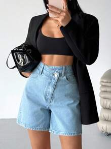 EURMUSE Short en jean taille haute avec ceinture asymétrique - Jean bleu - Voir 7