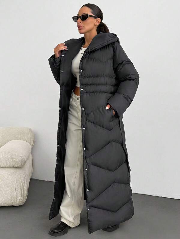 EURMUSE Women Solid Color Belted And Pocket Detailed Long Winter Coats Long Puffer Coat Women Womens Long Puffer Jacket