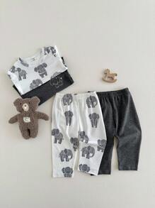 SHEIN 4pcs Baby Boy Casual Cute Elephant Print Long Sleeve T-Shirt And Pants Set, Comfortable And Versatile For Autumn/Winter Wear Fall