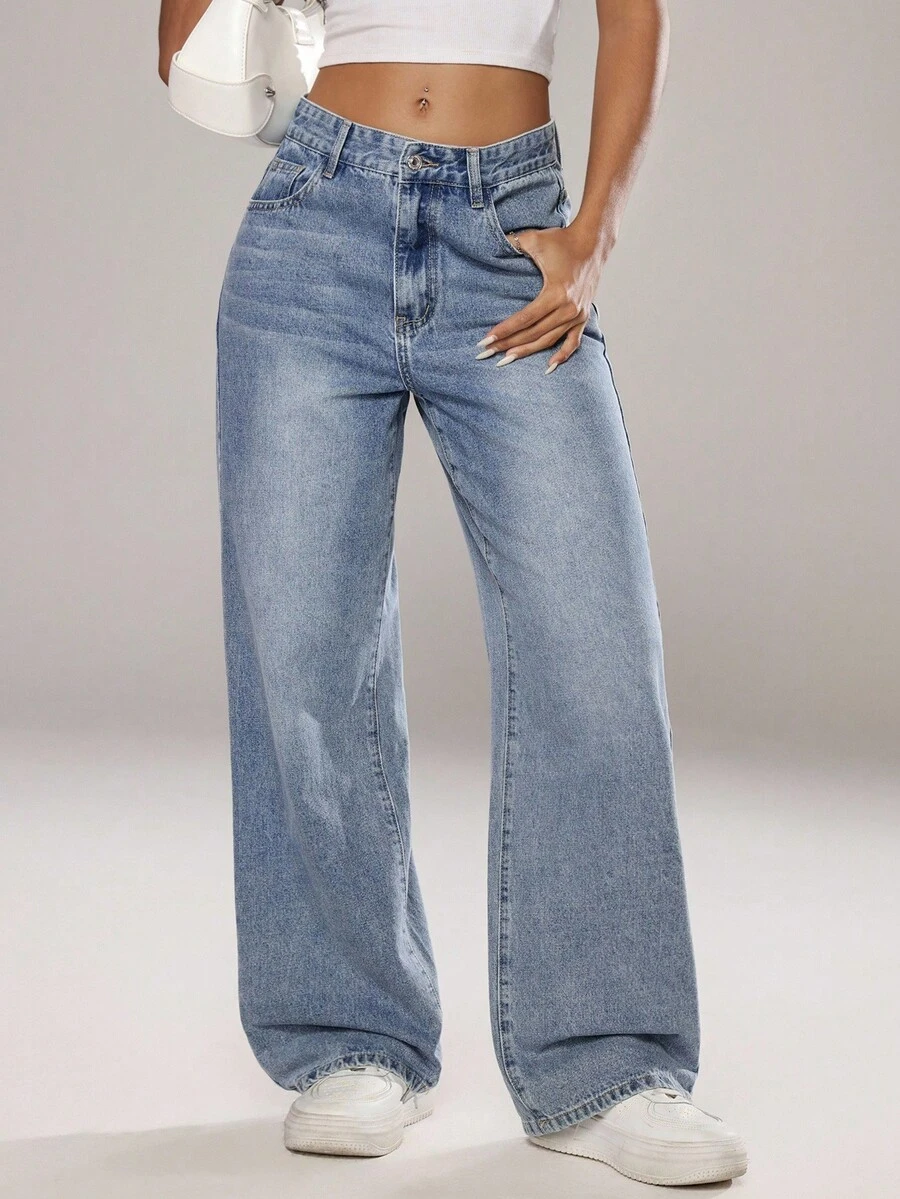Jeanoix Women's Pocketed Wide Leg Loose Casual Versatile Denim Pants - Medium Wash - View 1