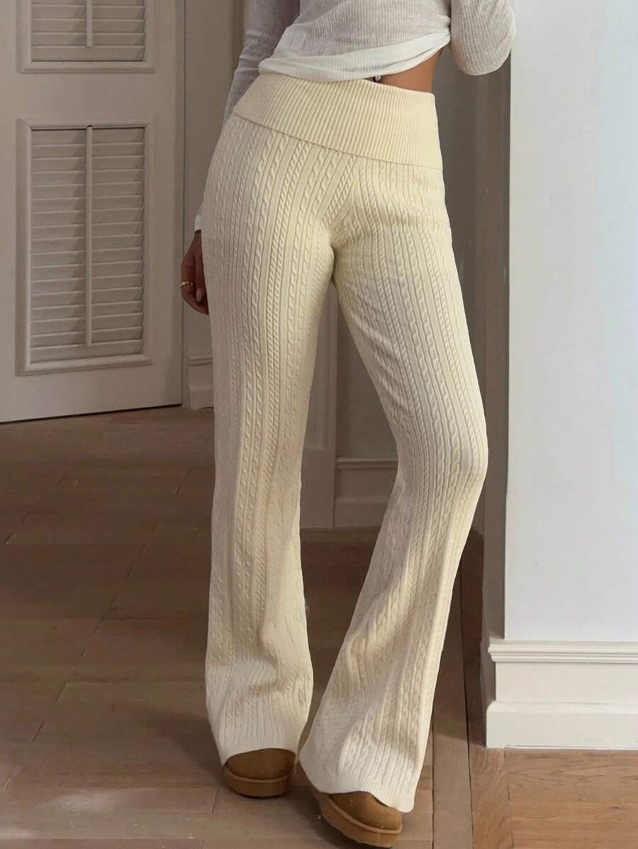 Aloruh Women's Casual Slim Fit Flared Leg Knitted Pants, Versatile For Home, Commute, Outing, Autumn/Winter, Beige,Fall - Apricot - View 1