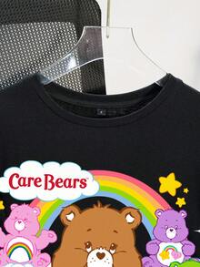 SHEIN X Care Bears Black Crew Neck Short Sleeve Comfortable Summer Casual T-Shirt For Women, Cheer Bears Bedtime Bear Good Luck Bear Love-A-Lot Bear Funshine Bear Tenderheart Bear Cartoon English Letter Graphic T-Shirt