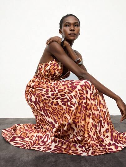 Maija Women's Elegant Leopard Print Backless Maxi Dress, Fashionable Sleeveless Long Dress For Vacation, Casual, Party, Beach, Autumn/Winter Modern Vacation Nomadic Casual Fashion All-Match Women's Country Concert Clothing Western Style Women's Clothing Nomadic Style Bohemian High-End Elegance Beach Clothing, Bohemian Style Vacation Wear, All Season  Ins Celebrity Same Style Vacation Style, Exotic Atmosphere, Country Concert, Western Style Clothing, High-Grade Fabric, Comfortable And Breathable