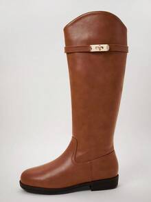 Solezae Elegant Women's Riding Boot Sleek Camel Color Knee-High Smooth Faux Leather Gold Tone Hardware Chic Rodeo Holiday Fun Comfort Shoe - Camel - View 6