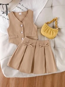 SHEIN Elladie kids 2 件套复古西装背心和百褶裙套装，蝴蝶结装饰，优雅设计，适合工作和休闲穿着 - 卡其色 - 查看 3