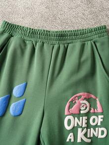 Discovery X SHEIN Men's Casual Everyday Letter & Plant Pattern Elastic Waist Wide Leg Sweatpants - Green - View 3