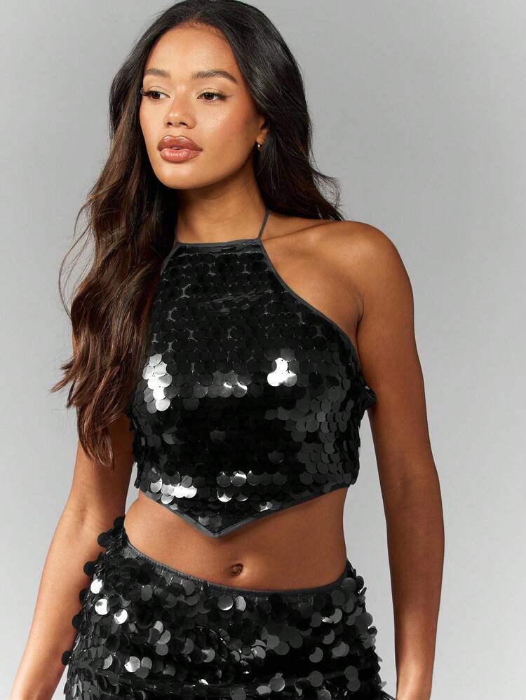 MISSGUIDED Sequin Party Crop Top Halter Neck Lace Up Back Disco Festival Evening Club Holiday Glamour Sparkle Cami
