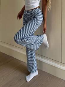 Tween Girl Casual Palazzo Pants With Striped Pattern & Bow Decor, Back To School, Fall, Winter/Y2k,Halloween/Back To School/First Day Of School Comfy Pants