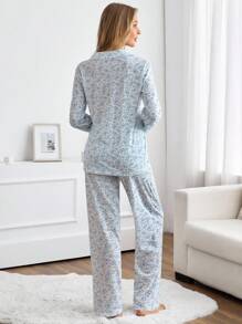 EURMUSE 女士两件套蝴蝶图案纽扣前襟家居服舒适睡衣套装 - 白色 - 查看 2