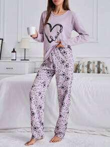 RueChic 100% Cotton 2Pcs  Contrast Colour Heart Printed PJ Set - Lilac Purple - View 3