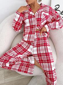 EURMUSE 2Pcs Cotton Button Front Plaid Pattern Pajama Set, Suitable For Christmas - Red and White - View 5