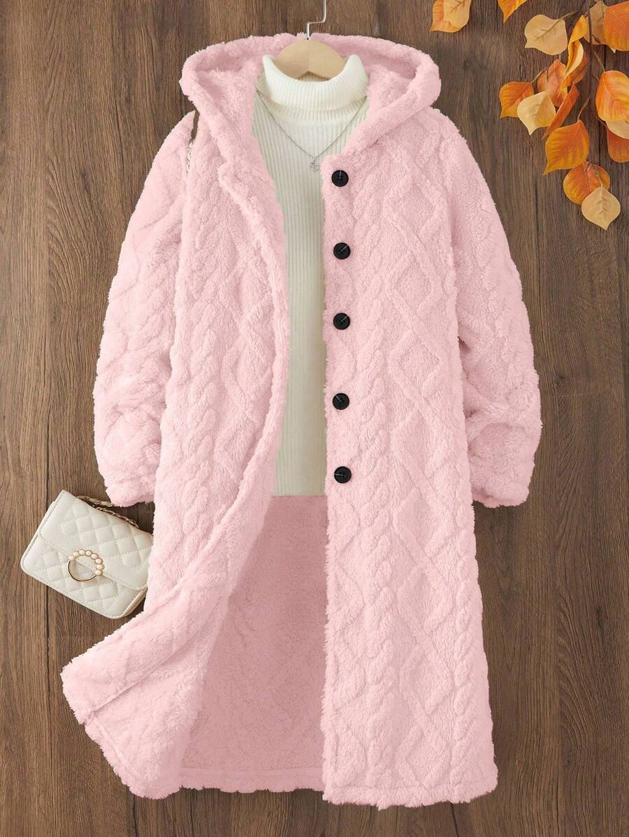 Áo khoác trùm đầu màu trơn đơn giản cho bé gái tuổi mới lớn, mùa đông - Màu Hồng baby - Xem 1