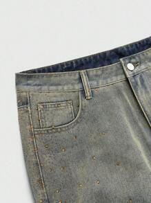 ROMWE MEN Street Life Men's Fashion Frayed Rhinestone Pocket Denim Jeans - Bronze - View 3