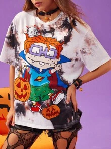 Nick 90s | SHEIN 女式休闲街头时尚万圣节可爱卡通人物扎染印花宽松 T 恤，夏季 - 黑色 - 查看 1