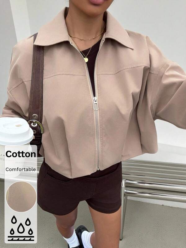 Muchica Fall Women Old Money Autumn Trench Coats Y2k Back To School Women's Casual Woven Khaki Jacket, Spring/Autumn Crop Jacket