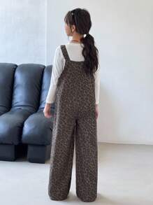 SHEIN 青少年女孩秋冬装休闲豹纹口袋宽松宽松连体裤猎豹印花（不含 T 恤）、休闲百搭牛仔裤、返校秋冬返校节服装、万圣节女孩服装、圣诞节服装、老款服装 - 棕色 - 查看 2