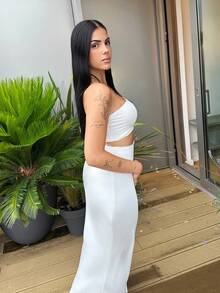 Lucia Bellido 商务休闲女士秋季女装秋冬优雅纯色编织高腰鱼尾下摆裙子 - 白色 - 查看 5
