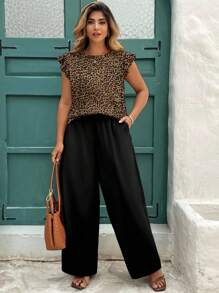 SHEIN Clasi 休闲简约大码复古豹纹两件套 - 盖袖衬衫 + 高腰阔腿裤，优雅女士日常穿搭 - 彩色 - 查看 5