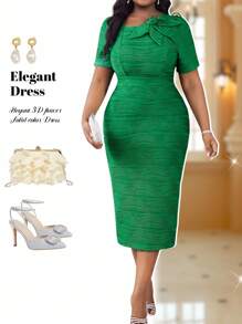 Fleurora 春夏优雅婚礼鸡尾酒会音乐会/音乐节粉色针织纹理不对称领口不对称领口喇叭泡泡袖3D玫瑰中长短袖大码连衣裙