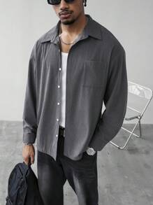 Manfinity Homme 1pc Men's Solid Color Long Sleeve Single Breasted Casual Pocket Shacket ,Dark Grey Button-Up Oversized Streetwear Shacket, A Great Gift For Your Boyfriend, Back To School, Corduroy