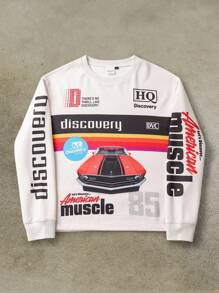 Discovery X SHEIN 男士字母条纹圆领长袖套头衫，秋季 - 杏色 - 查看 1