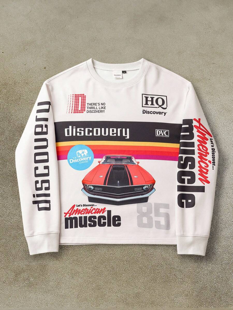 Discovery X SHEIN 男士字母条纹圆领长袖套头衫，秋季 - 杏色 - 查看 1