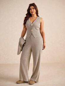 Elaquor Completo casual da donna taglie forti, composto da giacca a maniche lunghe monocolore, gilet con decorazione in metallo e pantaloni