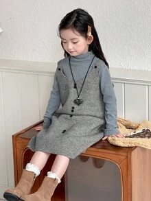 DAZY Young Girl Solid Color V-Neck Sleeveless Korean Style Layered Knit Dress Fall, Winter - Grey - View 2