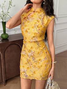 EastFlair Váy ngắn họa tiết hoa 3D thanh lịch dành cho nữ, mùa hè - Màu vàng - Xem 5