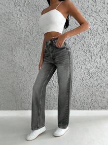 EURMUSE 100%Cotton High Waist Straight Leg Jeans - Dark Grey - View 5