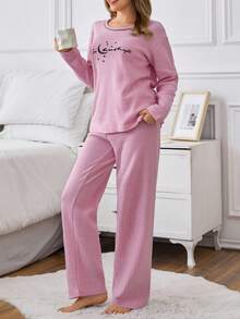 EURMUSE 100% 纯棉两件套字母标语印花撞色缝线睡衣套装 - 粉色 - 查看 1
