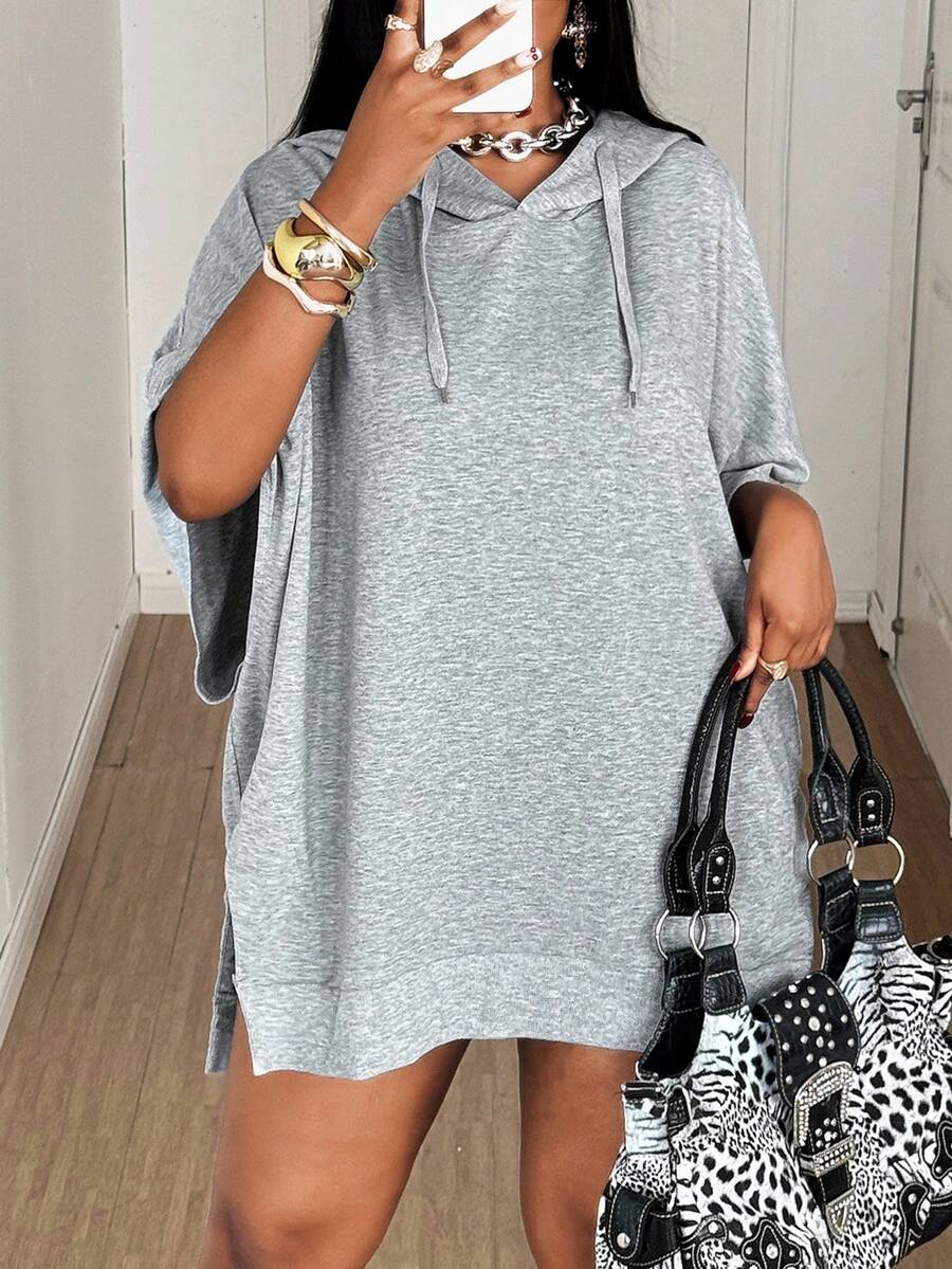 Maweii 大码女式纯色蝙蝠袖宽松休闲抽绳卫衣 - 灰色 - 查看 1