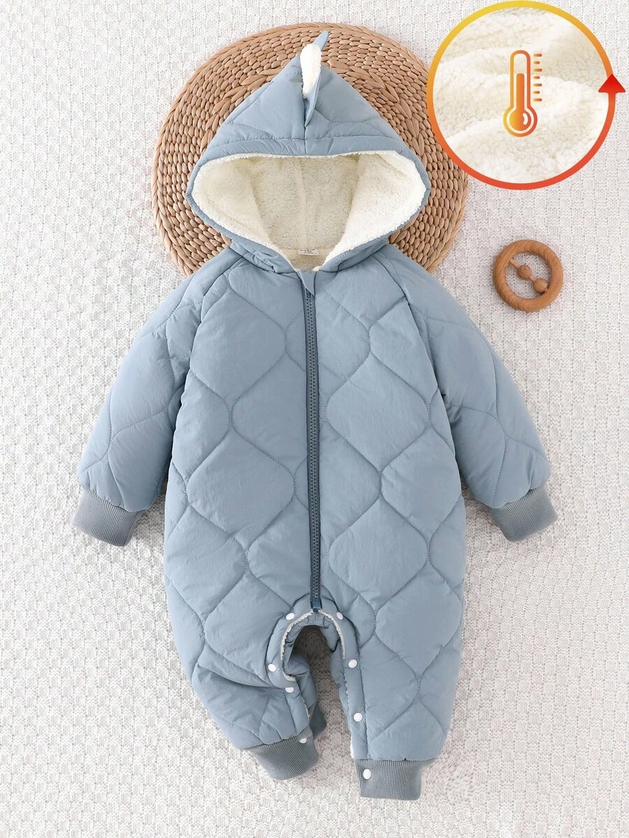 SHEIN Playful Pals 男婴冬季棉质恐龙耳朵连帽前开连体衣，厚实保暖服装，适合冬季 - 藍色 - 查看 1