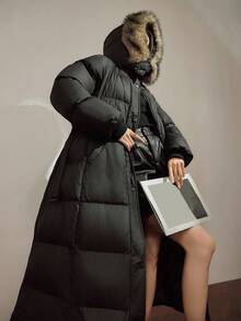 DAZY Women's Fashionable Fur Collar Hooded Jacket With Belt, Winter Long Puffer Coat Women Long Winter Coat Women Puffer Coat With Belt Winter Coat With Fur Hood Long Black Puffer Coat